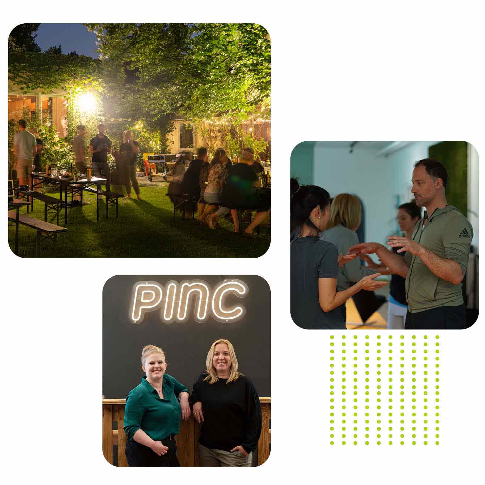 Collage mit verschiedenen Bildern. Zu sehen ist eine Gartenparty im PINC Garden, ein Workshop im Meetingraum Dialogue und zwei PINCies.